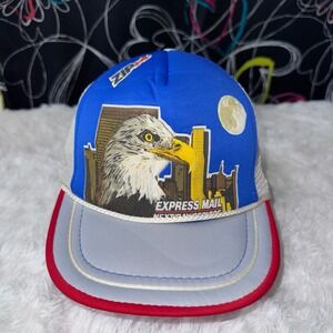 USPS Express Mail Trucker Hat Mens OSFM Blue Excellent Eagle Cityscape Vintage